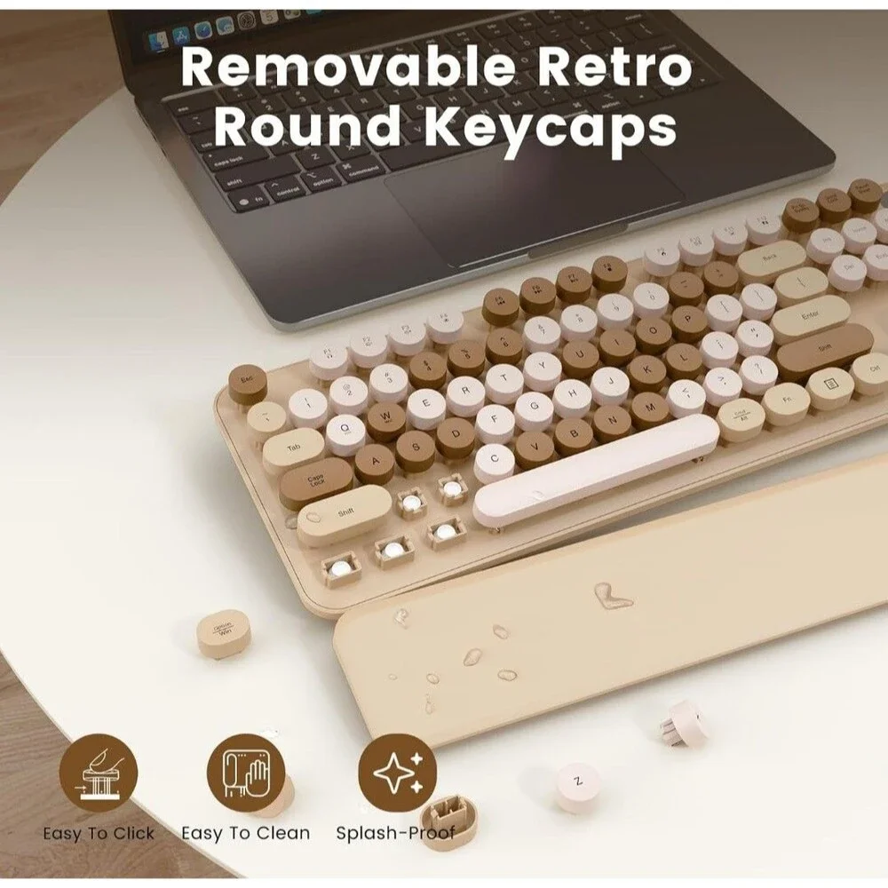 Wireless Keyboard Latte Round Keycaps, Retro Typewriter Detachable Wrist Rest